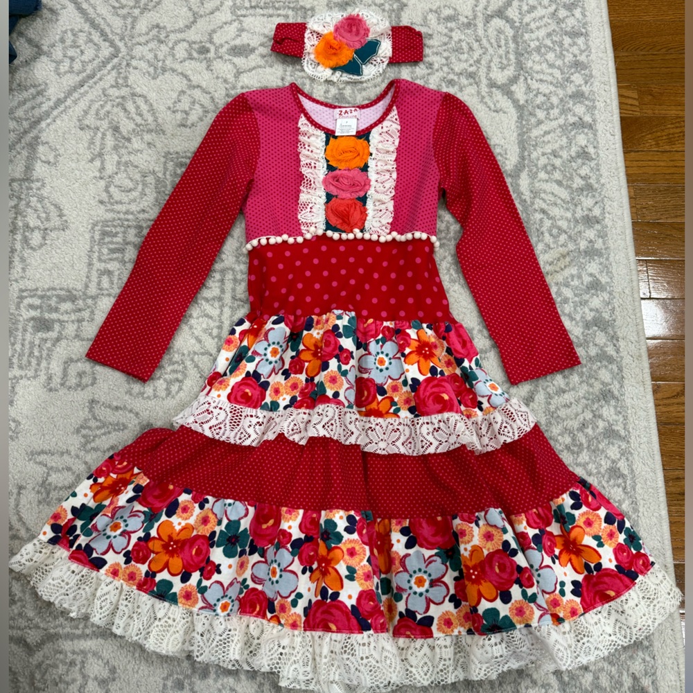 Floral Red and White Dress with Headband
